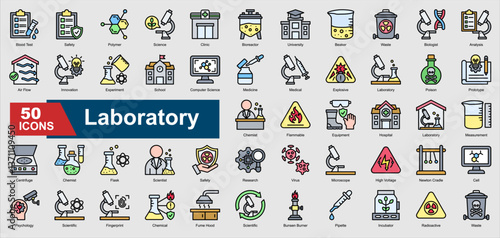 A collection set of lineal style Laboratory icons. Includes microscope, beaker, scientist, experiment, research, and more. Perfect for illustration and design.