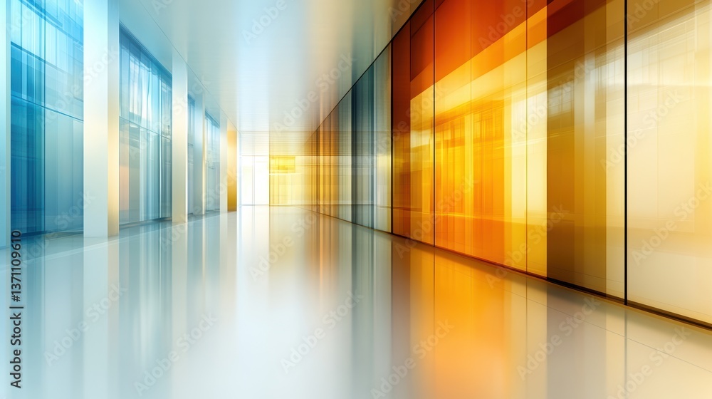 Modern architectural interior with vibrant glass panels and reflections Modern architectural interior with vibrant glass panels and reflections
