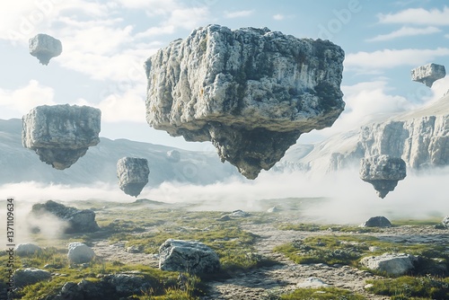 A surreal landscape with floating rocks and upside-down mountains