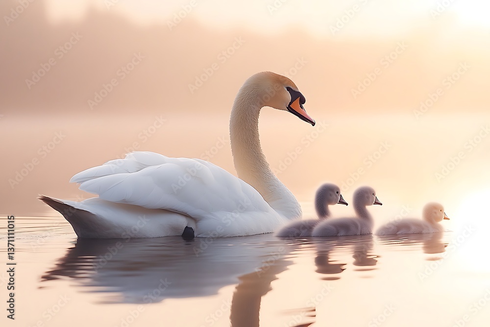 A swan with its cygnets swimming peacefully in a serene pond, the water calm and reflective under the soft light of dawn A swan with its cygnets swimming peacefully in a serene pond, the water calm and reflective under the soft light of dawn