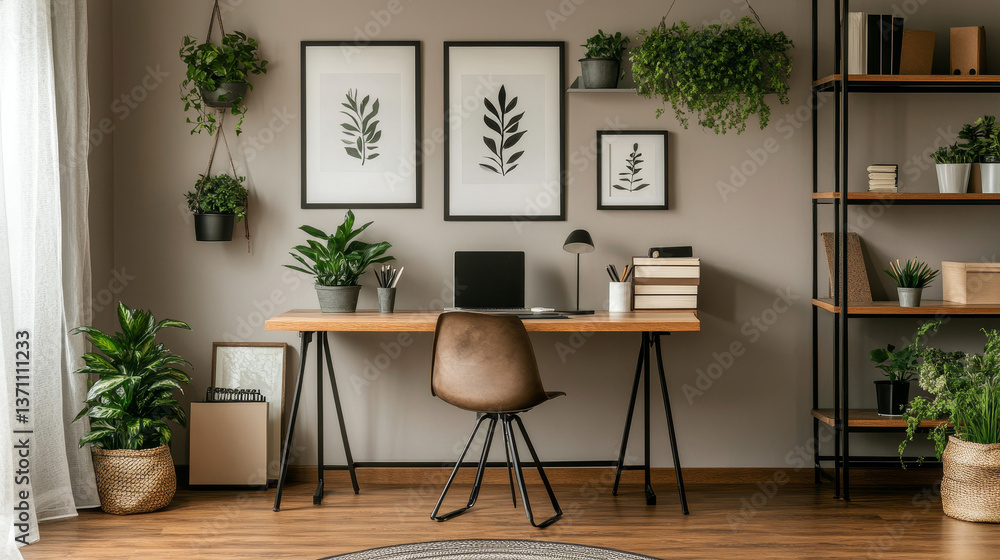 Stylish scandinavian home office desk with mock up poster frames, a lot of plants and office accessories. Brown wooden parquet and white backgrounds wall. Modern composition of homeoffice desk. Stylish scandinavian home office desk with mock up poster frames, a lot of plants and office accessories. Brown wooden parquet and white backgrounds wall. Modern composition of homeoffice desk.