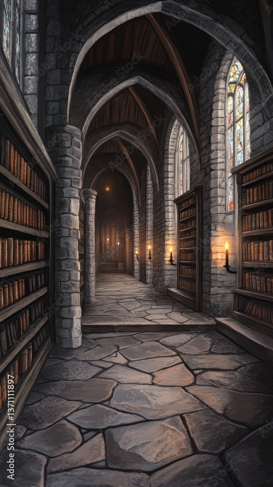 Fototapeta premium Stone hallway, book-lined walls, candlelight, arched ceilings.