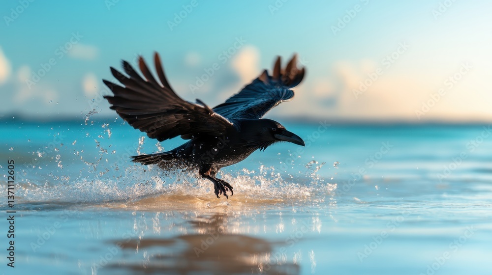 Fototapeta premium A stunning raven takes off from the surface of the ocean, splashing the water around it while flying against a beautiful sunset sky in the background, showcasing nature's splendor.