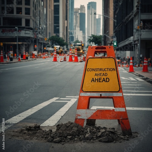 A Construction Ahead sign placed on a busy street.