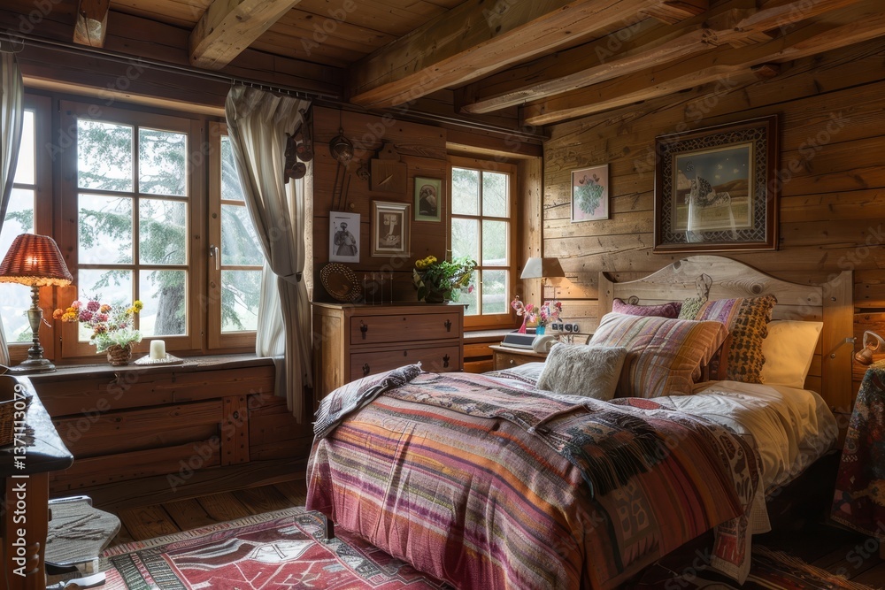 A cozy rustic bedroom with exposed wooden beams and a comfortable bed with a colorful patterned blanket, A rustic bedroom with wooden furniture and cozy textiles A cozy rustic bedroom with exposed wooden beams and a comfortable bed with a colorful patterned blanket, A rustic bedroom with wooden furniture and cozy textiles