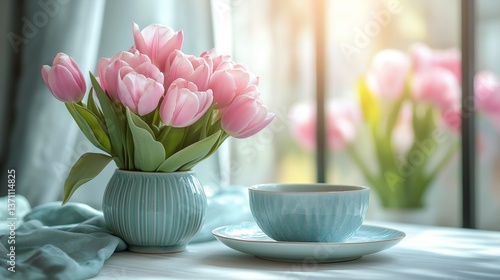 Soft pink tulips in ceramic vase with tea cup on window sill for spring mood lifestyle blogs, home décor inspiration, and Mother's Day greeting card designs in airy pastel tones