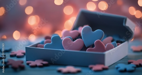 Colorful Heart Shaped Cookies in a White Box With Soft Lights in the Backgrou...