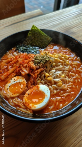 Warm and Flavorful Ramen Bowl With Fresh Toppings Served in a Cozy Restaurant...