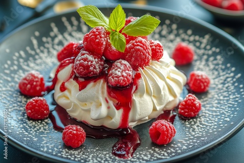 Delicious Pavlova Dessert Topped With Fresh Raspberries and Mint Leaves
