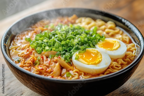 Delicious Ramen Bowl With Soft Boiled Eggs and Green Onions Served in a Warm ...