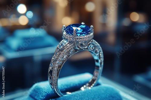 Elegant Sapphire Ring Displayed on a Velvet Pedestal in a Jewelry Store at Ev...