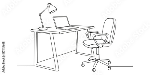 home office interior Modern work desk and chair with laptop single line art drawing sketch on white background 