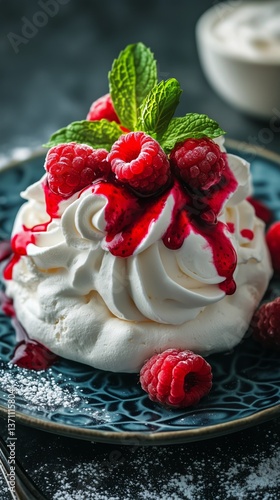 Raspberry Dessert With Whipped Cream Served on a Decorative Plate in a Charmi...