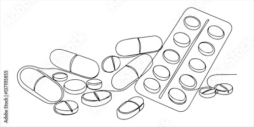 medicine set single line art drawing sketch on white background 