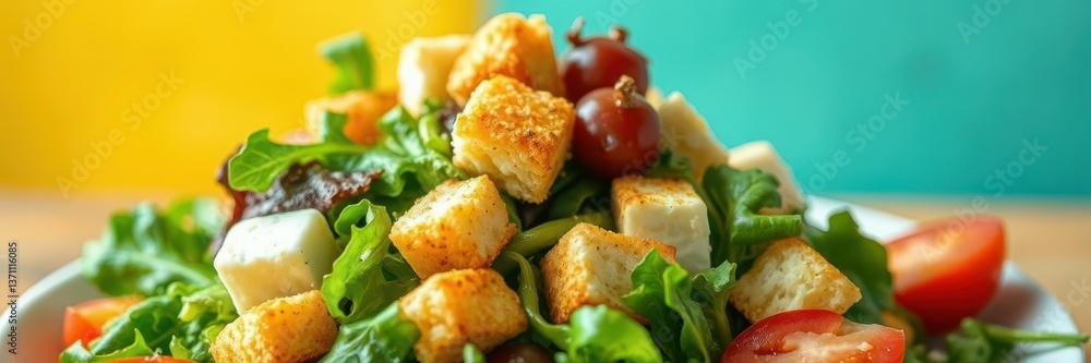Fresh salad with croutons, cherry tomatoes, and mixed greens in vibrant colors Fresh salad with croutons, cherry tomatoes, and mixed greens in vibrant colors