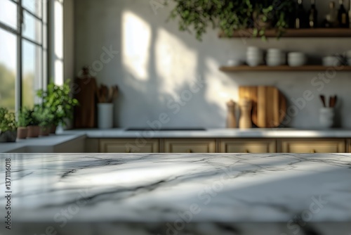 Modern Kitchen Interior Featuring Marble Countertop and Elegant Design Elemen...