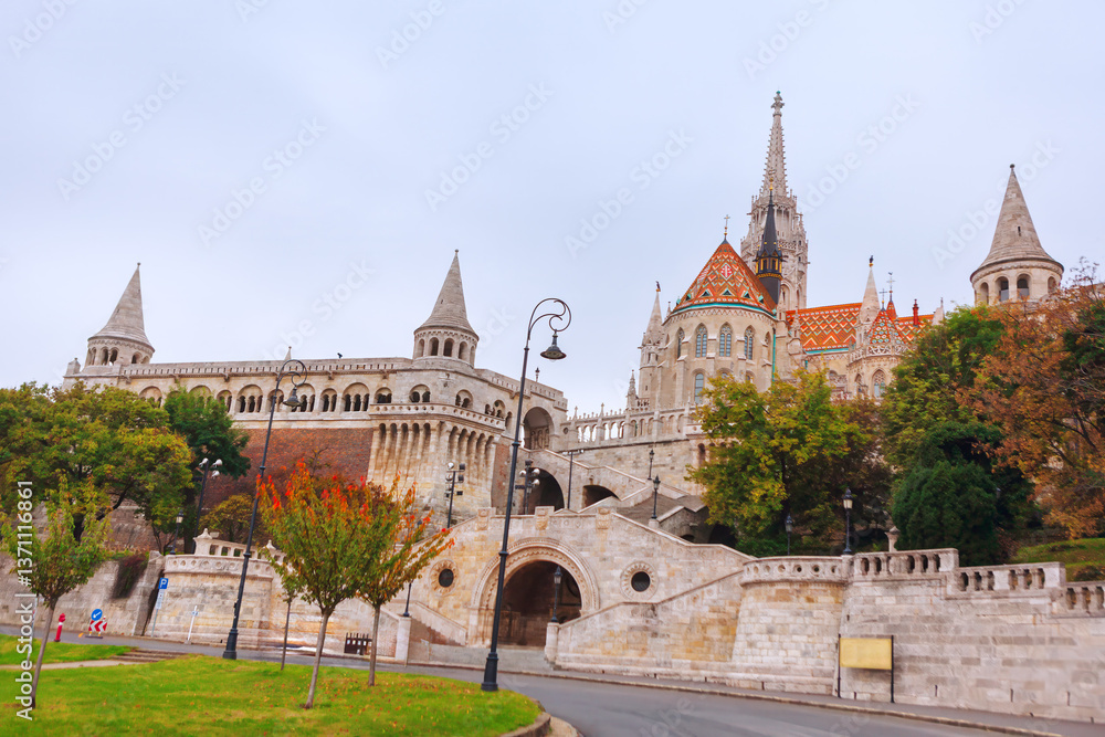 Matthias Church and the Bastion in Budapest Hungary. Majestic stone Hungarian structures, a testament to history, rise above the surrounding landscape