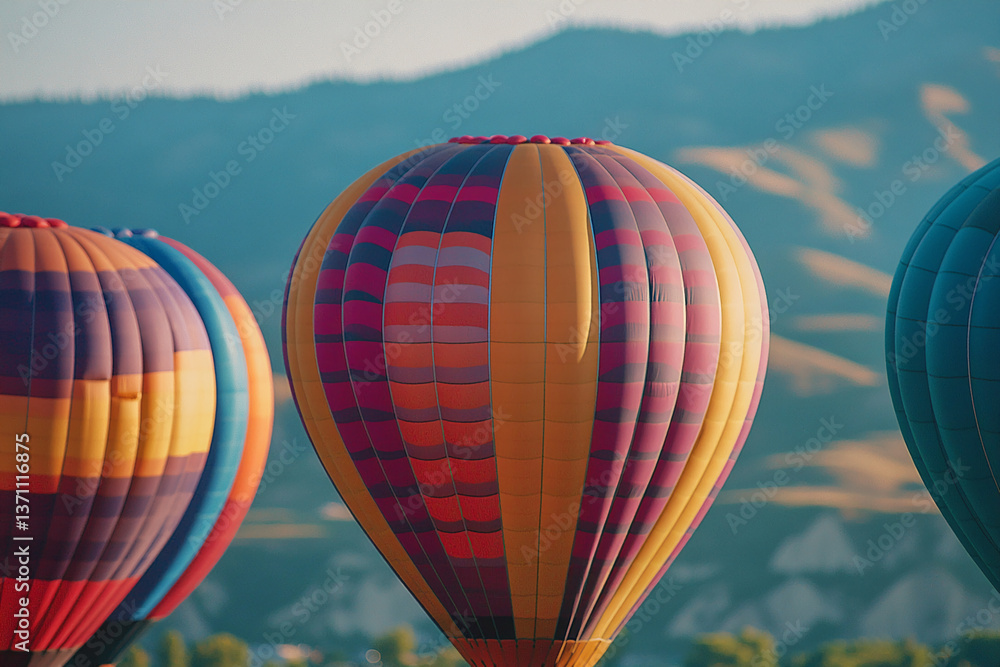 Obraz premium Close-up of colorful hot air balloons against a mountain backdrop, showcasing adventure, travel, and freedom concepts