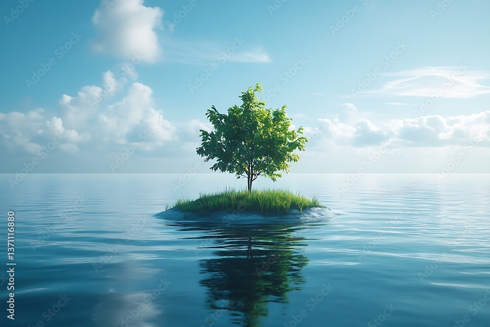 A tiny island in a vast ocean gradually being colonized by plants, symbolizing the gradual growth of life in isolation A tiny island in a vast ocean gradually being colonized by plants, symbolizing the gradual growth of life in isolation