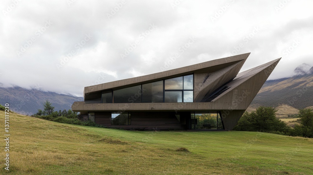 Modern concrete house, grassy hillside, mountain backdrop. Modern concrete house, grassy hillside, mountain backdrop.