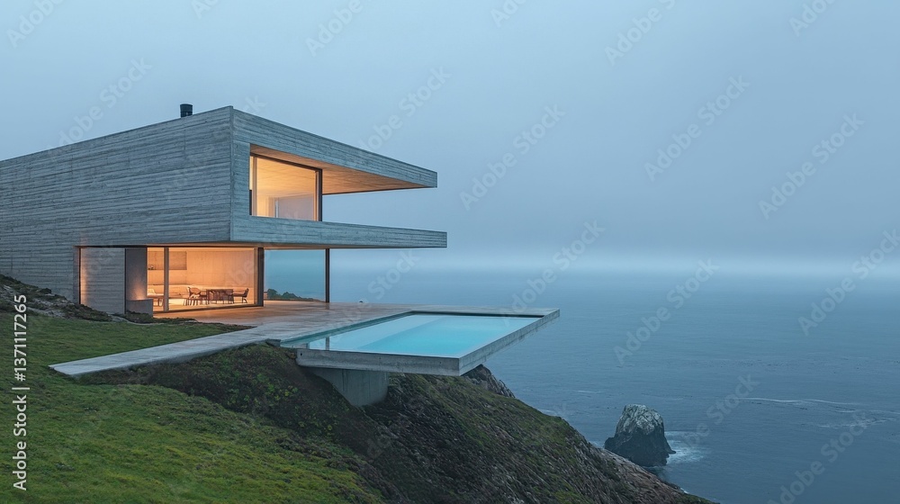 Fototapeta premium Modern cliffside house, infinity pool, ocean view.