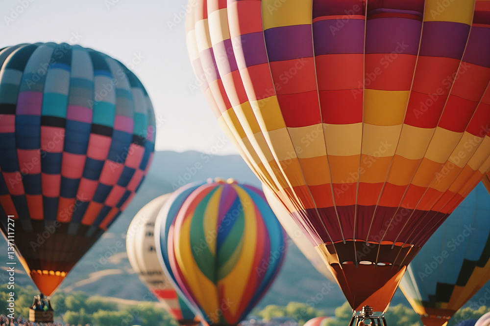 Obraz premium Colorful hot air balloons ascend against a blurred mountain backdrop, conveying a sense of adventure, freedom, and travel aspiration