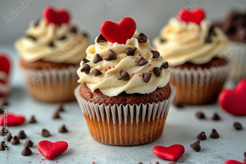 Delicious Chocolate Chip Cupcakes Topped With Heart-Shaped Decorations for a ...