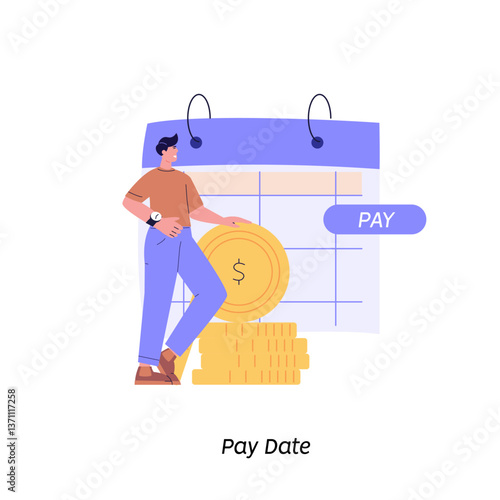 Person standing near to a calendar with pay date or tax declaration. Concept of payment date, finance calendar, financial report, pay day, business invoice. Vector illustration in flat design