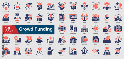 Crowd Funding Icon Collection Set. Donation, Funding, Investor, Revenue, Capital, Savings, cash icon. Glyph Color Style Vector Ilustration