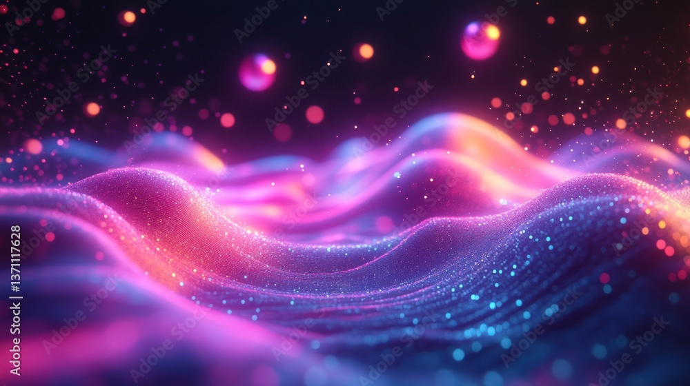 Abstract digital landscape with glowing particles and floating spheres Abstract digital landscape with glowing particles and floating spheres