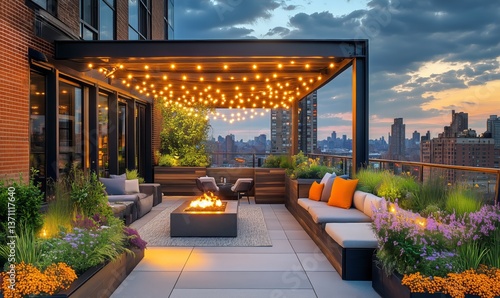 Cozy Rooftop Terrace With Fire Pit and String Lights in a Cityscape During Tw...