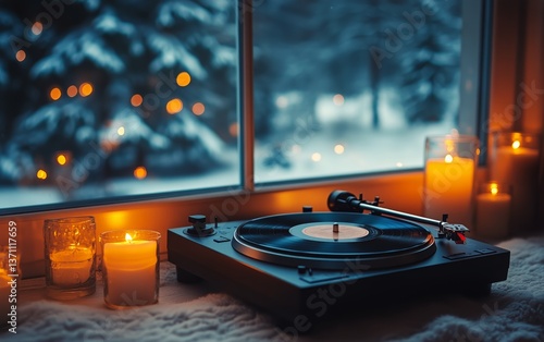 Cozy Winter Evening With a Record Player and Candlelight by the Window