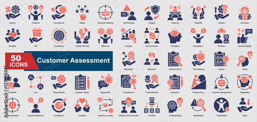 Customer Assessment Icon Collection Set. Service, Proactive , Convenience, Rating, Credibility, Responsibility, Customer Needs cash icon. Glyph Color Style Vector Ilustration