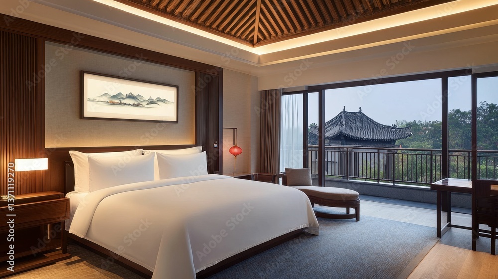 Naklejka premium Luxurious bedroom, Asian-inspired decor, scenic view.