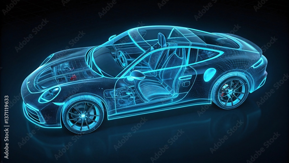 Futuristic Digital Wireframe Rendering of a High-Tech Sports Car Futuristic Digital Wireframe Rendering of a High-Tech Sports Car