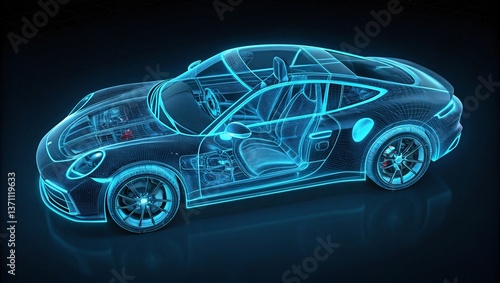 Futuristic Digital Wireframe Rendering of a High-Tech Sports Car