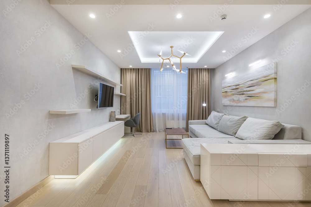 Fototapeta premium Studio apartment with modern interior design. The decor is made in pastel colors. Stylish white furniture.