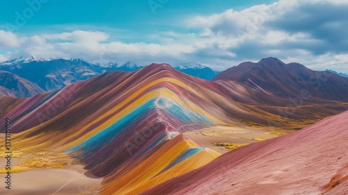 Colorful mountain ranges with dramatic peaks and blue sky