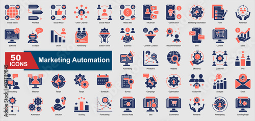 Marketing Automation glyph color icons featuring automation, CRM, email marketing, customer retention, analytics, chatbot, and more. Perfect for illustration and design.