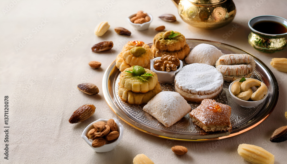 Traditional Middle Eastern cookies and pastries, including Kahk, Ghorayeba, Petit Four, Chocolate Cookies, Butter biscuits and wafer cookies, Turkish delight, almond, Text Copy Space Traditional Middle Eastern cookies and pastries, including Kahk, Ghorayeba, Petit Four, Chocolate Cookies, Butter biscuits and wafer cookies, Turkish delight, almond, Text Copy Space
