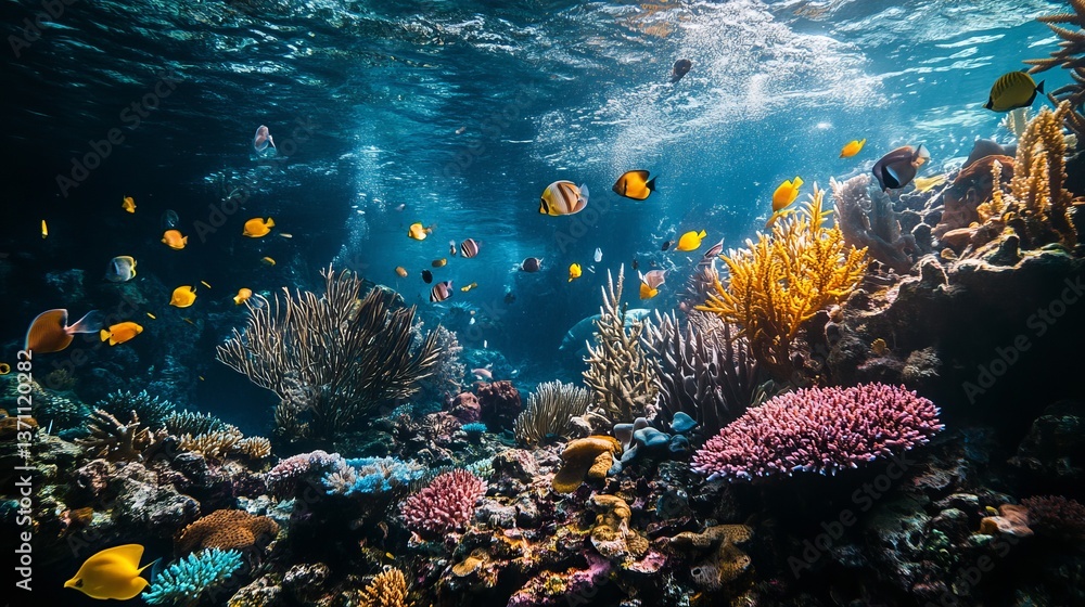 Naklejka premium The ocean floor is full of life! Colorful corals and many sea creatures live together in a busy reef.