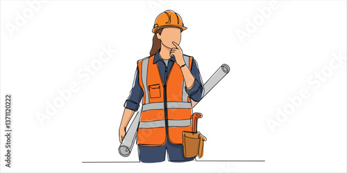 female construction worker or civil engineer wearing reflective vest single line art drawing sketch on white background