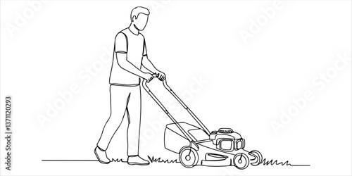 man mowing lawn with lawnmower single line art drawing sketch on white background