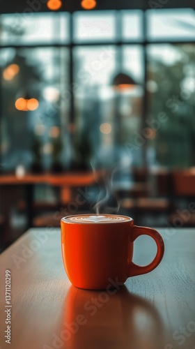 Warm Orange Coffee Cup on a Wooden Table in a Cozy Modern Cafe Setting