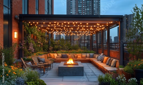 Cozy Rooftop Terrace With Fire Pit and String Lights in a Cityscape During Tw...