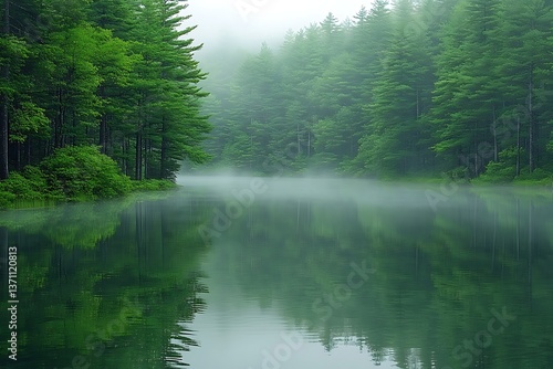Misty Lake with Green Forest Reflection.
