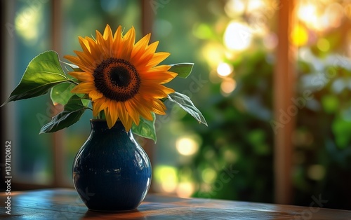 Beautiful Sunflower in Blue Vase With Natural Light Indoors