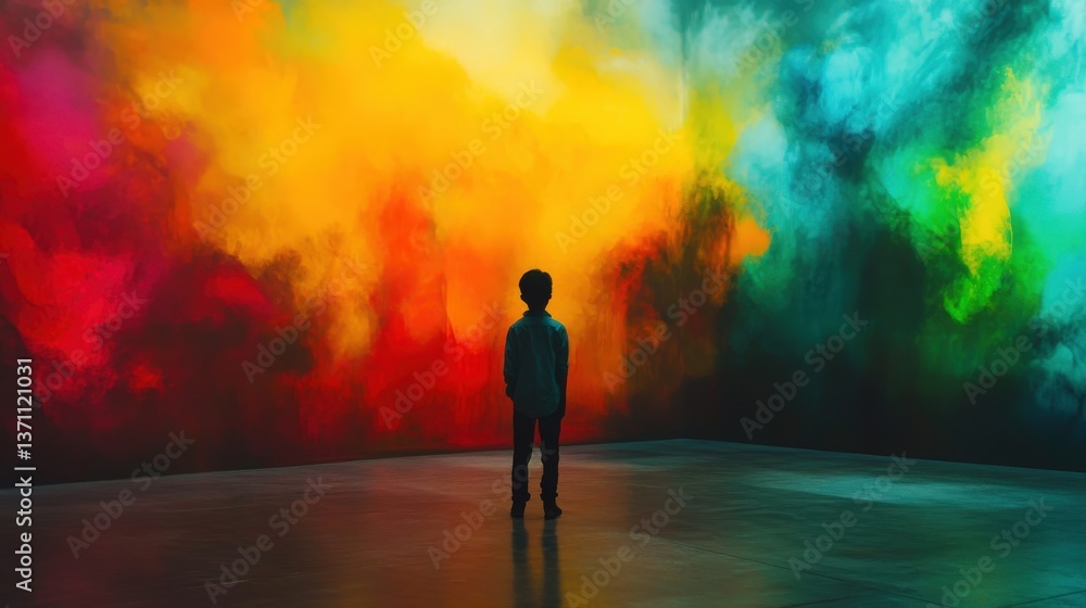 A small child stands looking at a colorful abstract background A small child stands looking at a colorful abstract background