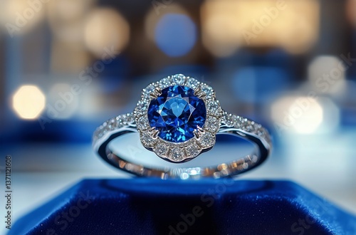 Elegant Sapphire Ring Displayed on a Velvet Pedestal in a Jewelry Store at Ev...
