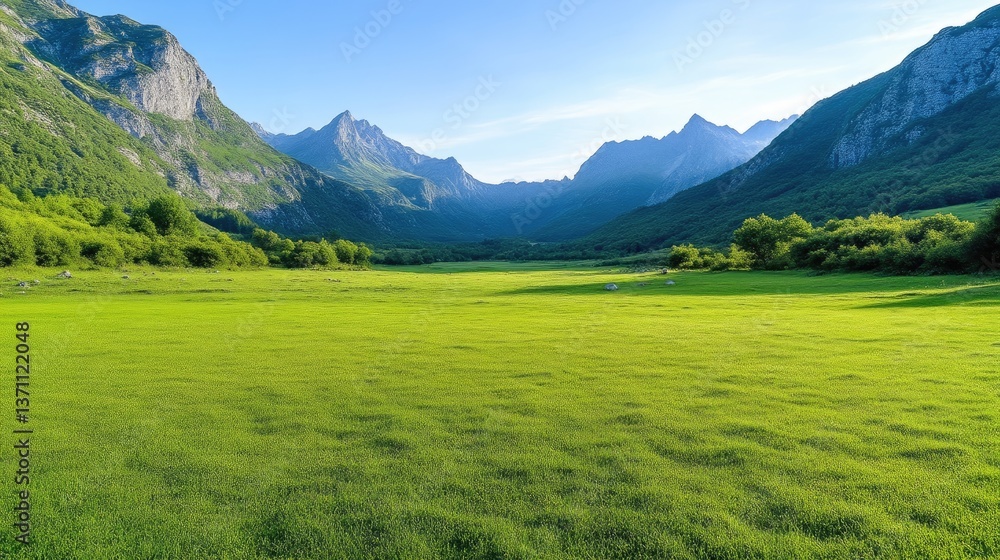 Obraz premium Lush valley, vibrant green meadow, serene mountain backdrop